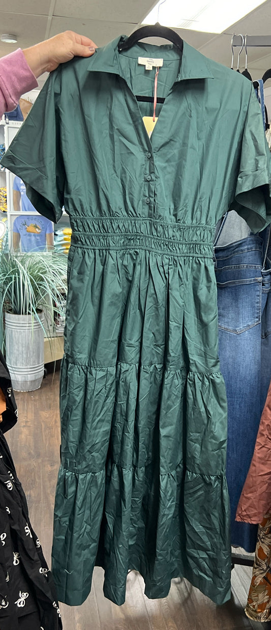 ENTRO-D25029 FOREST COLLARED V-NECK BUTTON SS TIERED LONG