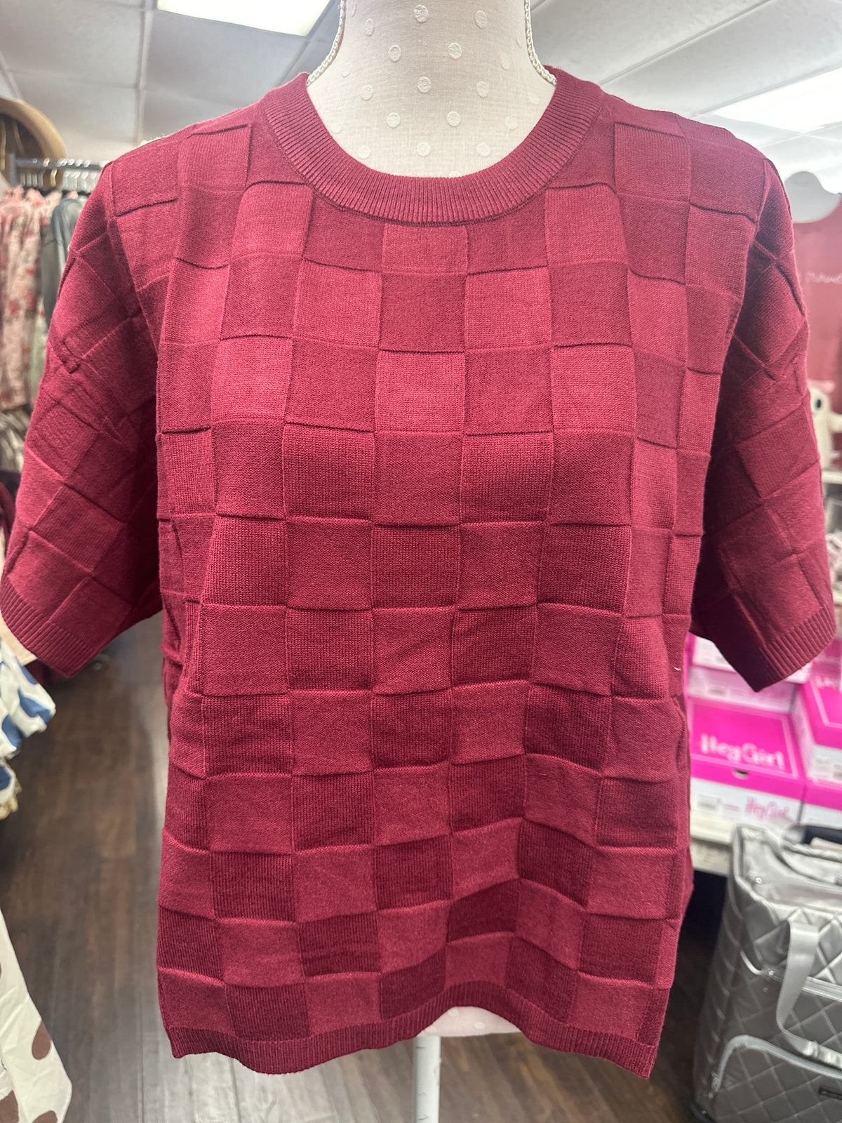 Vine and Love Burgundy Crew Neck Short Sleeve Textured Knit Sweater Top VT81682B