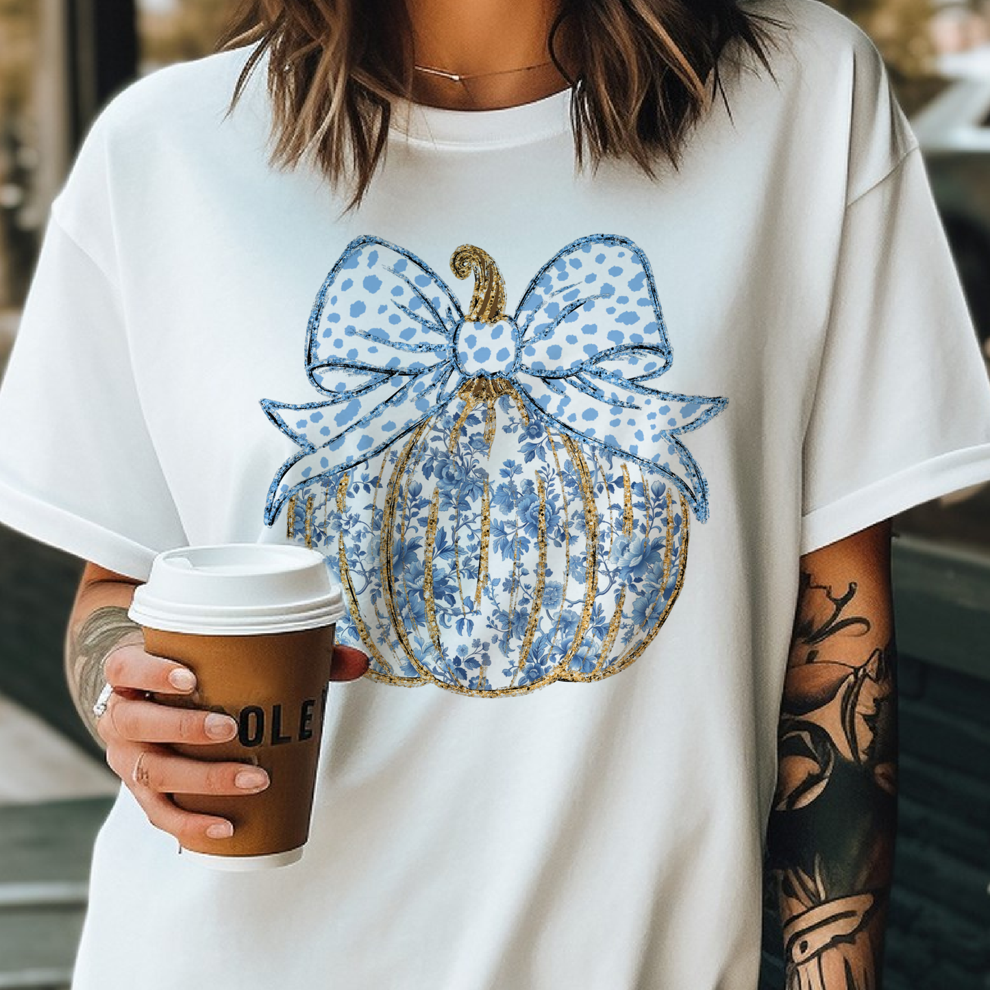 Preppy Autumn Blue Floral Fall Pumpkin Coquette Graphic Tee