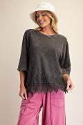 EASEL ET19137 ASH WASHED LACE BOTTOM BOXY KNIT TOP