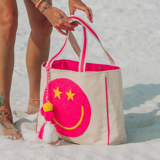 Hot Pink Star Eye Happy Face Tote Bag for Women