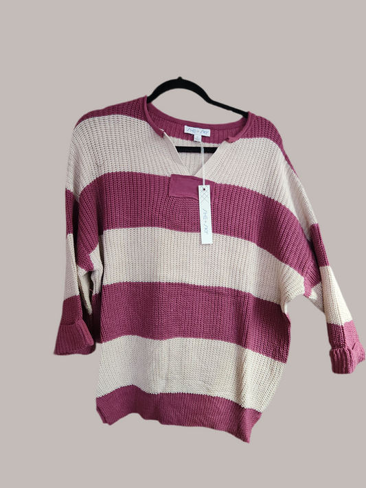 She+Sky SY9406 Mauve 3/4 Sleeve V Neck Striped Sweater
