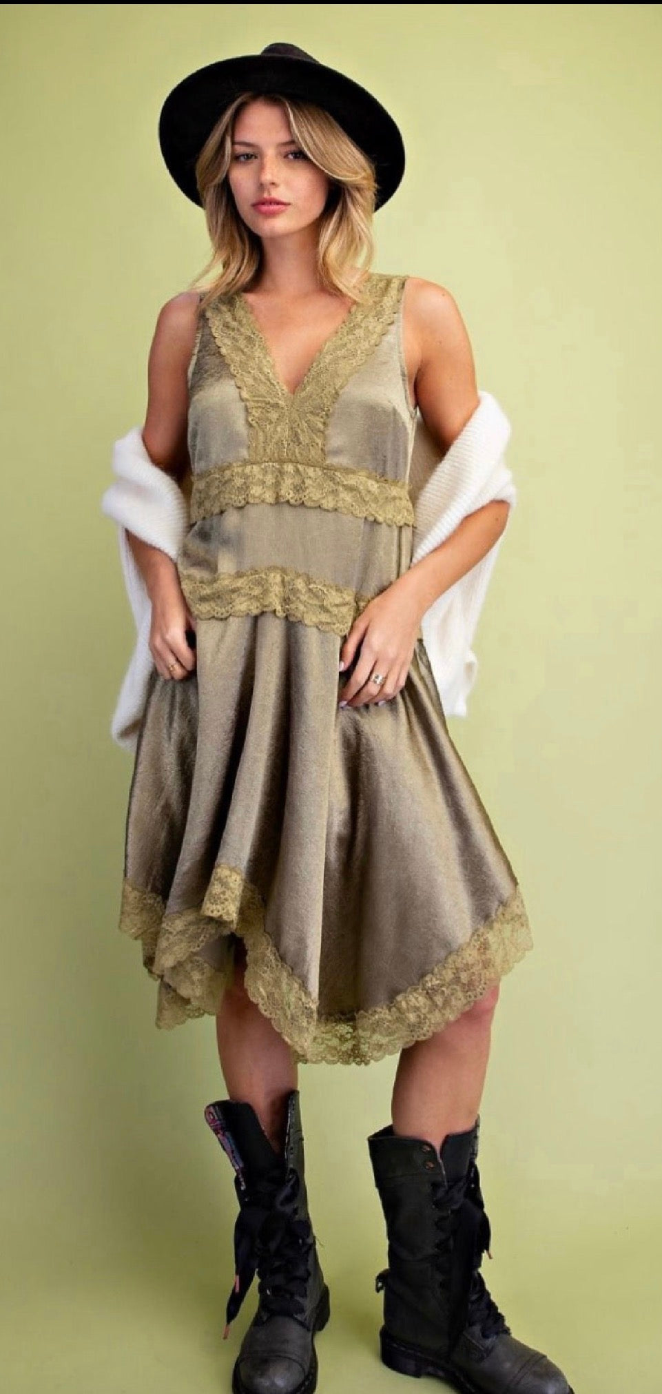 EASEL SD300317 BROWN SATIN LACE TRIM CAMI WOVEN DRESS