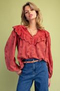 Easel ST200048 BOHO RED LONGSLEEVE MINERAL WASHED EYELET TOP