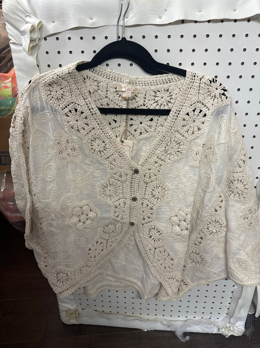 ST100070 Natural  Dolman Slvs Crochet Mix Top