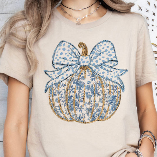Preppy Autumn Blue Floral Fall Pumpkin Coquette Graphic Tee