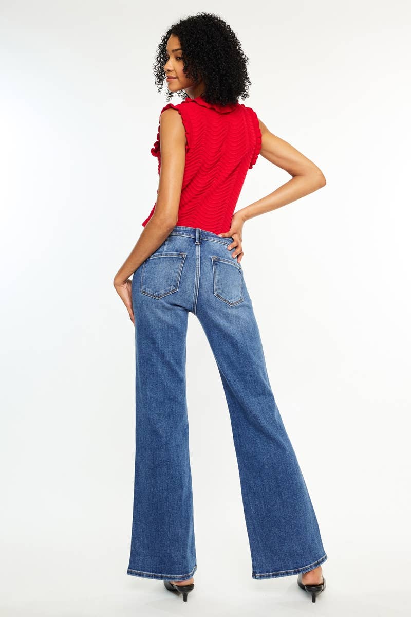 KC9449M-PT-PETITE MID RISE WIDE FLARE JEANS