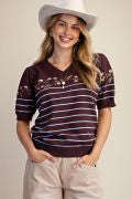 EASEL ET19171 CHOCOLATE BROWN EMBROIDERY FRONT STRIPED KNITTED SWEATER