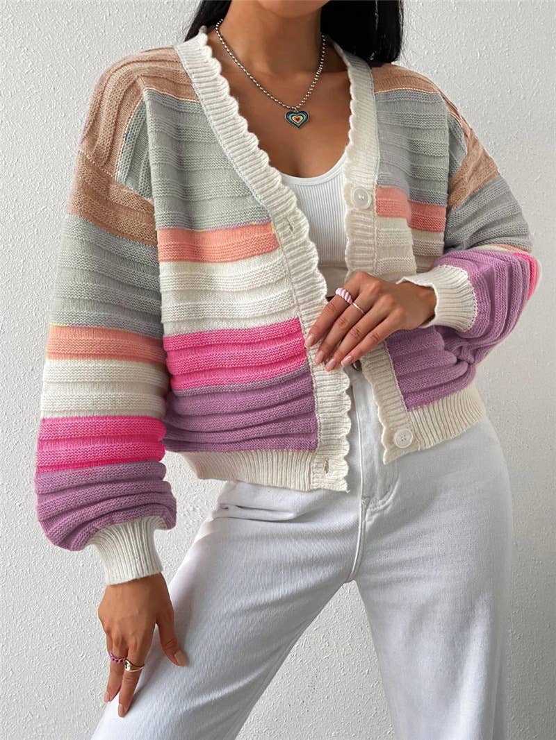 Rainbow Striped Balloon Sleeve Cardigan