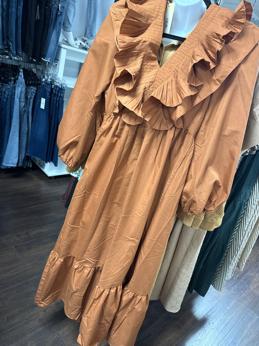 ENTRO-D21877-BROWN RUFFLED NECK DRESS
