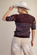 EASEL ET19171 CHOCOLATE BROWN EMBROIDERY FRONT STRIPED KNITTED SWEATER