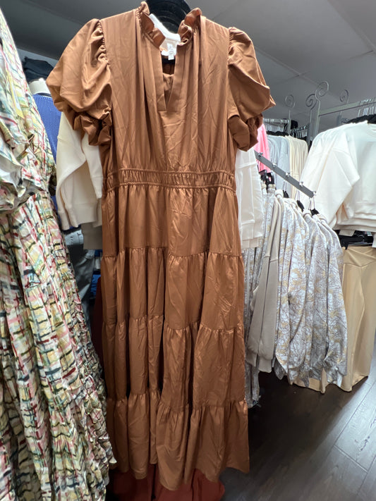 ENTRO-D20735P-CLAY- RUFFLE VNECK DRESS