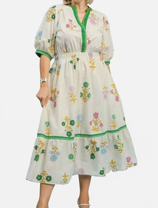 K1469 Petal Parade Print Midi Dress- cream