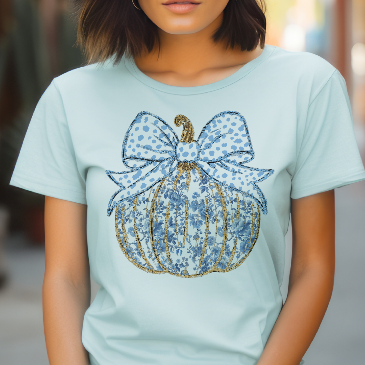 Preppy Autumn Blue Floral Fall Pumpkin Coquette Graphic Tee