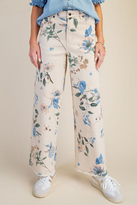 EB41372F-Ecru Flower Printed Soft Stretch Pant