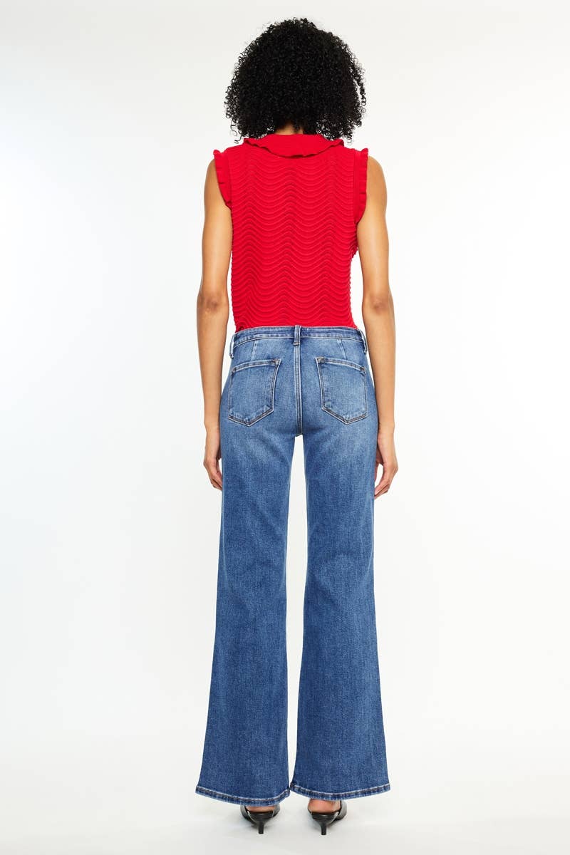 KC9449M-PT-PETITE MID RISE WIDE FLARE JEANS