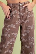 Easel SB600075 ESPRESSO FLORAL JAQUARD MINERAL WASHED BARREL PANTS