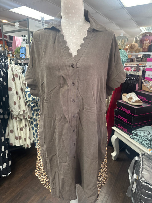 Umgee C5610 Espresso Linen Scallop Sleeve Button-Down Dress