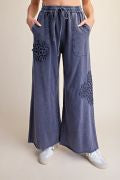 EASEL EB41673 BLUEBERRY CROCHET PATCH WASHED TERRY PANTS