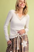 Easel ST100308 ECRU LONGSLEEVE LACE V-NECK TEXTURED RIBBED SHIRT