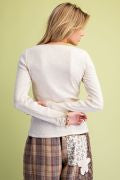 Easel ST100308 ECRU LONGSLEEVE LACE V-NECK TEXTURED RIBBED SHIRT