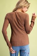 Easel ST100308 BROWN LONGSLEEVE LACE V-NECK TEXTURED RIBBED SHIRT