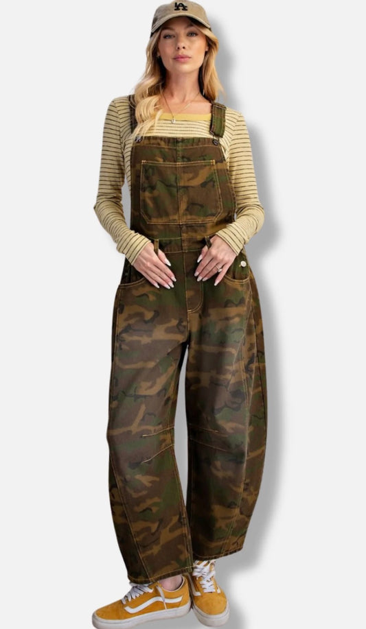 Easel EB58323 OLIVE CAMOUFLAGE PRINT WASHED OVERALL PANTS