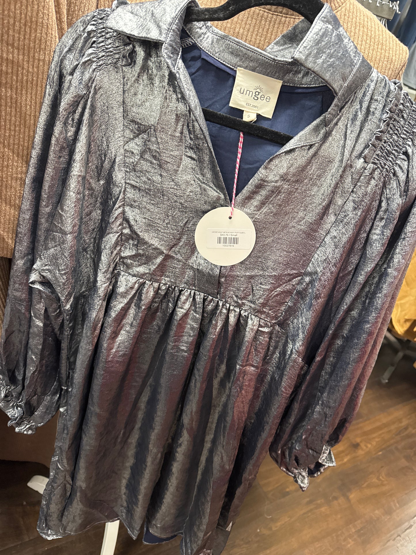 UMGEE K9227 METALIC NAVY PUFF SLEEVE COLLARED V-NECK DRESS