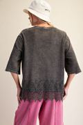 EASEL ET19137 ASH WASHED LACE BOTTOM BOXY KNIT TOP