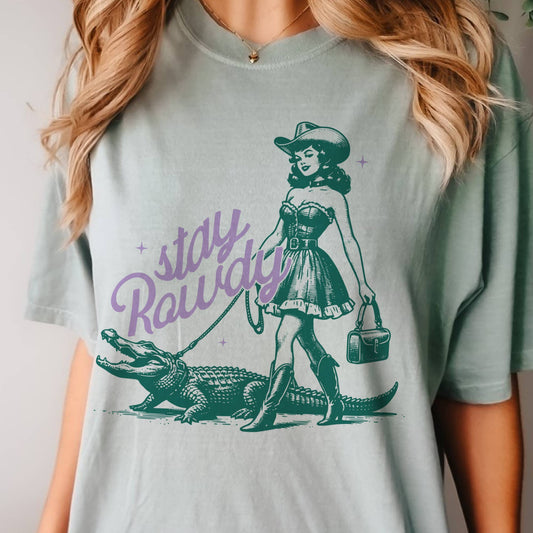 Western Stay Rowdy Retro Alligator Green Graphic Tee