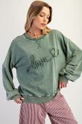 EASEL ET27372 JUNIPER GREEN LOVE EMBO MONKEY WASHED TERRY PULLOVER