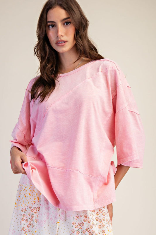 Easel - ET71866 Pale Pink Half Slvs Mineral Washed Top