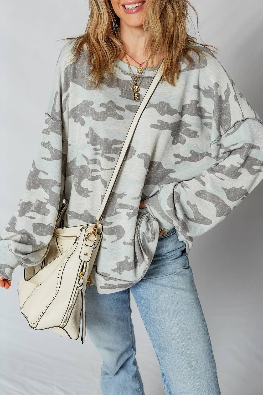 LDC Retro Camouflage Print Exposed Seam Patchwork Sweatshirt