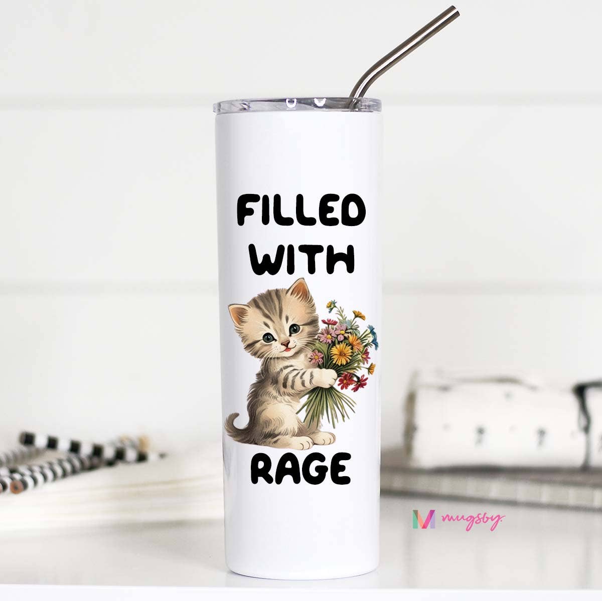 Filled with Rage Funny Tall Travel Cup, Cat Lover Travel Cup