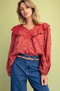 Easel ST200048 BOHO RED LONGSLEEVE MINERAL WASHED EYELET TOP