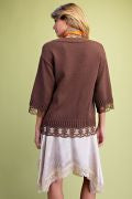 Easel ST200062 ESPRESSO SHORT SLEEVE LACE INSET V-NECK SWEATER