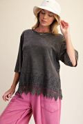 EASEL ET19137 ASH WASHED LACE BOTTOM BOXY KNIT TOP