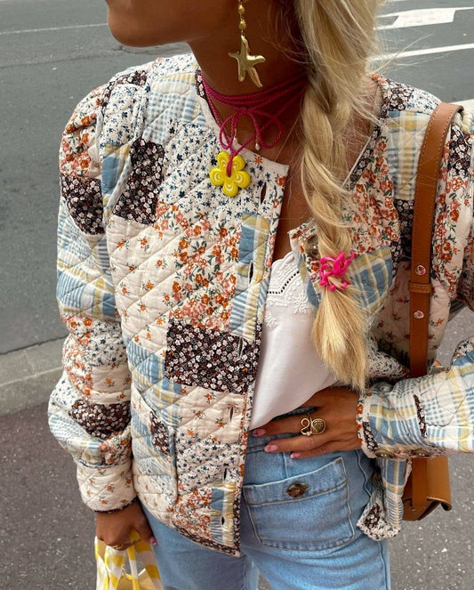 Floral Color Blocks Print Quilted Jacket