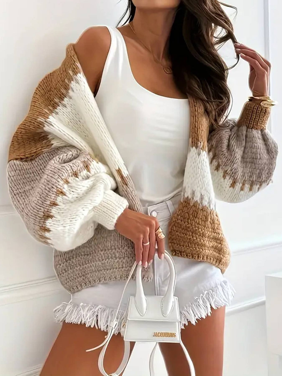 Colorblock Knit Cardigan Cozy Long Sleeve Open Jacket