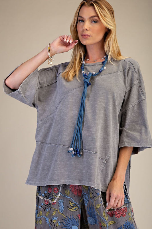 Easel - ET71866 Grey Half Slvs Mineral Washed Top