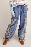 EASEL EB58218 WASHED DENIM JACQUARD PRINT MIX WASHED TWILL PANTS