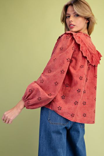 Easel ST200048 BOHO RED LONGSLEEVE MINERAL WASHED EYELET TOP