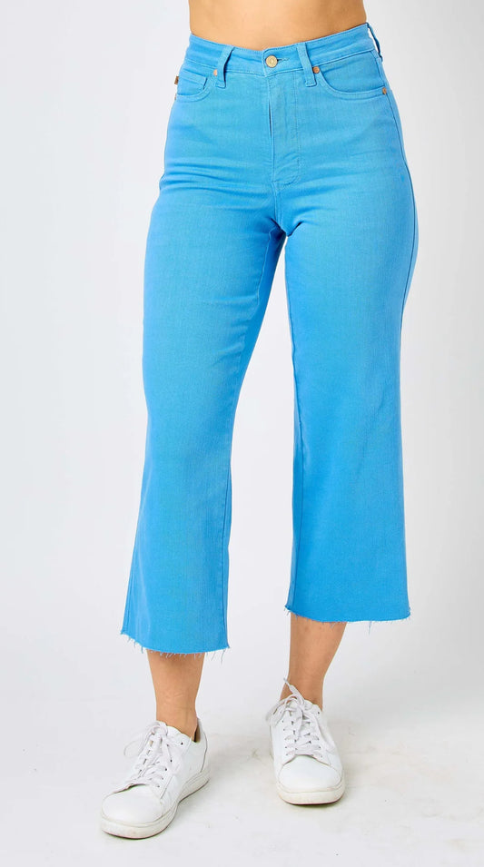 JB 88843 SKY BL HW Garment Dyed Tummy Control Crop Wide