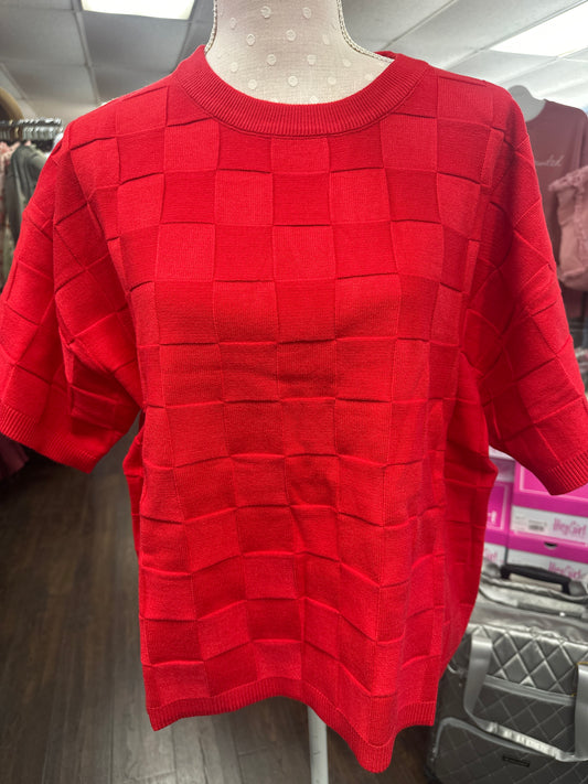 Vine and Love Red Crew Neck Short Sleeve Textured Knit Sweater Top VT81682B