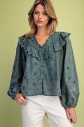 Easel ST200048 MOSS LONGSLEEVE MINERAL WASHED EYELET TOP