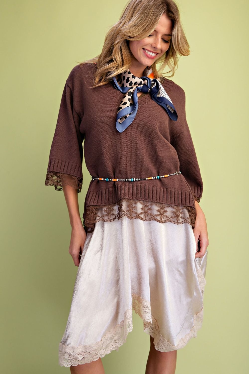 Easel ST200062 ESPRESSO SHORT SLEEVE LACE INSET V-NECK SWEATER