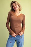 Easel ST100308 BROWN LONGSLEEVE LACE V-NECK TEXTURED RIBBED SHIRT