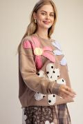 EASEL ET30237X MOCHA FLORAL PATCH FRONT WASHED TERRY PULLOVER