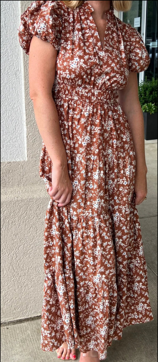 ENTRO-D24343P-CHESNUT RUFFLE V NECK PUFFY SS DRESS