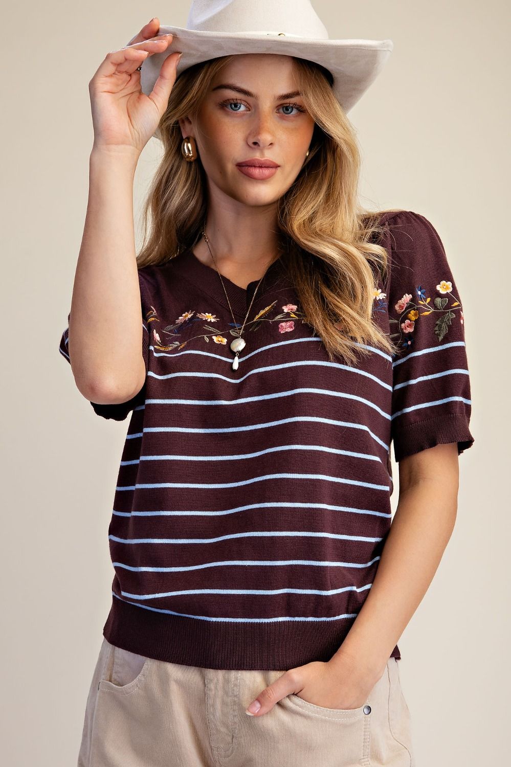 EASEL ET19171 CHOCOLATE BROWN EMBROIDERY FRONT STRIPED KNITTED SWEATER